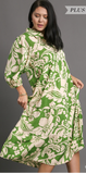 Floral Two Tone Print Tiered Dress w/ Balloon Sleeve - Green