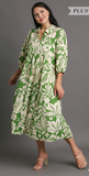 Floral Two Tone Print Tiered Dress w/ Balloon Sleeve - Green