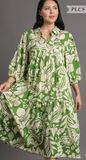 Floral Two Tone Print Tiered Dress w/ Balloon Sleeve - Green