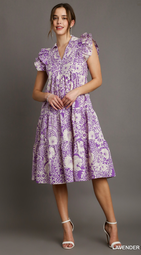 Two Tone Paisley Print A-Line Collard Tiered Midi Dress - Lavender Mix