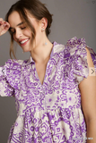 Two Tone Paisley Print A-Line Collard Tiered Midi Dress - Lavender Mix