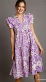 Two Tone Paisley Print A-Line Collard Tiered Midi Dress - Lavender Mix