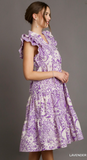 Two Tone Paisley Print A-Line Collard Tiered Midi Dress - Lavender Mix