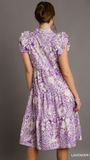 Two Tone Paisley Print A-Line Collard Tiered Midi Dress - Lavender Mix