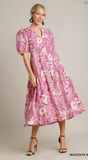 Two Tone Paisley Print A-Line Collared Tiered Midi Dress - Magenta Mix