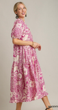 Two Tone Paisley Print A-Line Collared Tiered Midi Dress - Magenta Mix