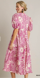 Two Tone Paisley Print A-Line Collared Tiered Midi Dress - Magenta Mix