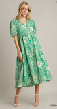 Two Tone V-Neck A-Line w/ Short Sleeve Midi Dress - Green Mix