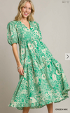 Two Tone V-Neck A-Line w/ Short Sleeve Midi Dress - Green Mix