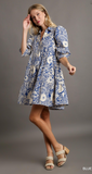 Two Tone Print A-Line Tiered Dress w/ 3/4 Sleeve & Piping - Blue Mix