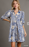 Two Tone Print A-Line Tiered Dress w/ 3/4 Sleeve & Piping - Blue Mix