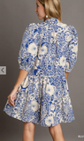 Two Tone Print A-Line Tiered Dress w/ 3/4 Sleeve & Piping - Blue Mix