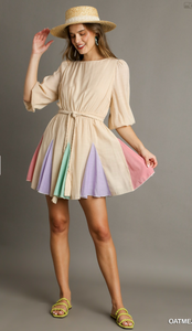 Flutter Hem Dress w/ Criss Cross Front & 3/4 Balloon Sleeves - Oatmeal