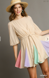 Flutter Hem Dress w/ Criss Cross Front & 3/4 Balloon Sleeves - Oatmeal