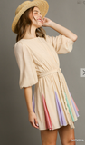 Flutter Hem Dress w/ Criss Cross Front & 3/4 Balloon Sleeves - Oatmeal