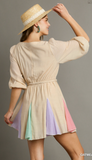 Flutter Hem Dress w/ Criss Cross Front & 3/4 Balloon Sleeves - Oatmeal