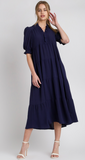 Smocked Ruffle Neckline Tiered Midi Dress w/ Short Puff Ruffle Sleeves - Navy