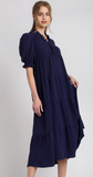 Smocked Ruffle Neckline Tiered Midi Dress w/ Short Puff Ruffle Sleeves - Navy