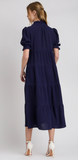 Smocked Ruffle Neckline Tiered Midi Dress w/ Short Puff Ruffle Sleeves - Navy