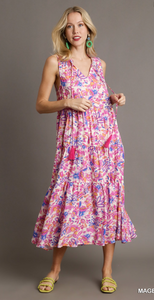 Sleeveless V-Neck Tiered Floral Print Midi Dress - Magenta