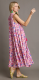 Sleeveless V-Neck Tiered Floral Print Midi Dress - Magenta