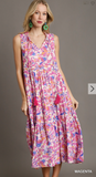 Sleeveless V-Neck Tiered Floral Print Midi Dress - Magenta