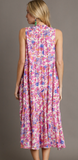 Sleeveless V-Neck Tiered Floral Print Midi Dress - Magenta