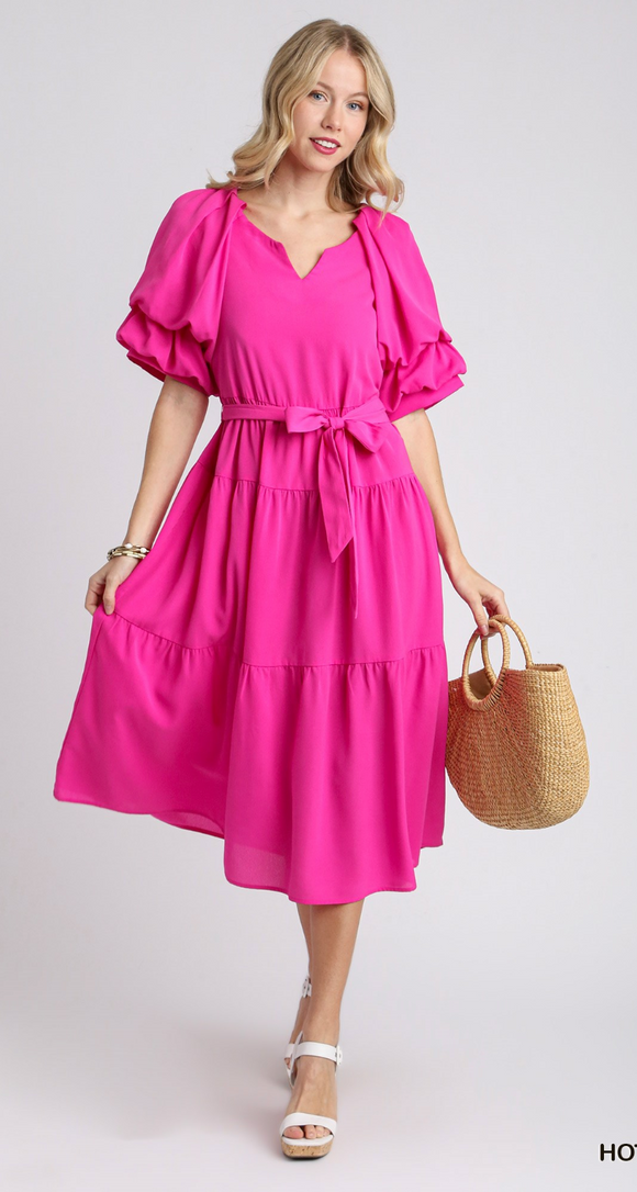 Split Neck A-Line Tiered Maxi Dress w/ Cuffed Puff Sleeves - Hot Pink