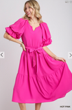 Split Neck A-Line Tiered Maxi Dress w/ Cuffed Puff Sleeves - Hot Pink