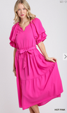 Split Neck A-Line Tiered Maxi Dress w/ Cuffed Puff Sleeves - Hot Pink