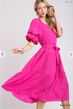 Split Neck A-Line Tiered Maxi Dress w/ Cuffed Puff Sleeves - Hot Pink