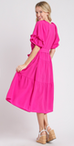 Split Neck A-Line Tiered Maxi Dress w/ Cuffed Puff Sleeves - Hot Pink