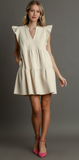 Criss Cross Lightweight Jacquard Split Neck Tiered Short Dress - Cream