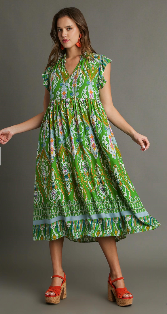 Antique Aztec Border Print A-Line V-Neck Maxi Dress - Green