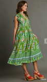 Antique Aztec Border Print A-Line V-Neck Maxi Dress - Green