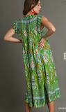 Antique Aztec Border Print A-Line V-Neck Maxi Dress - Green