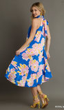 Floral Print Sleeveless Halter Neck Midi Dress - Royal Mix