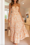 Floral Halter Ruched Maxi Sun Dress - Orange