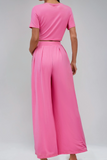 Slim Fit Crop Top and Pleated Wide Leg Pants Set - Pink