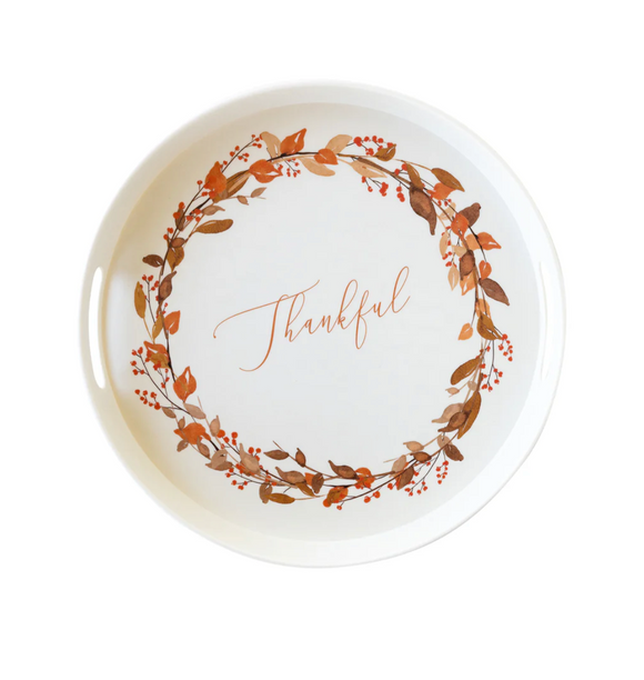 Thankful Wreath Reusable Bamboo Round Serving Tray