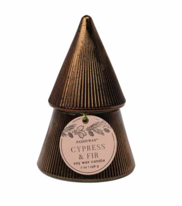 Cypress & Fir 7 oz Copper Ribbed Mercury Stacked Tree Candle