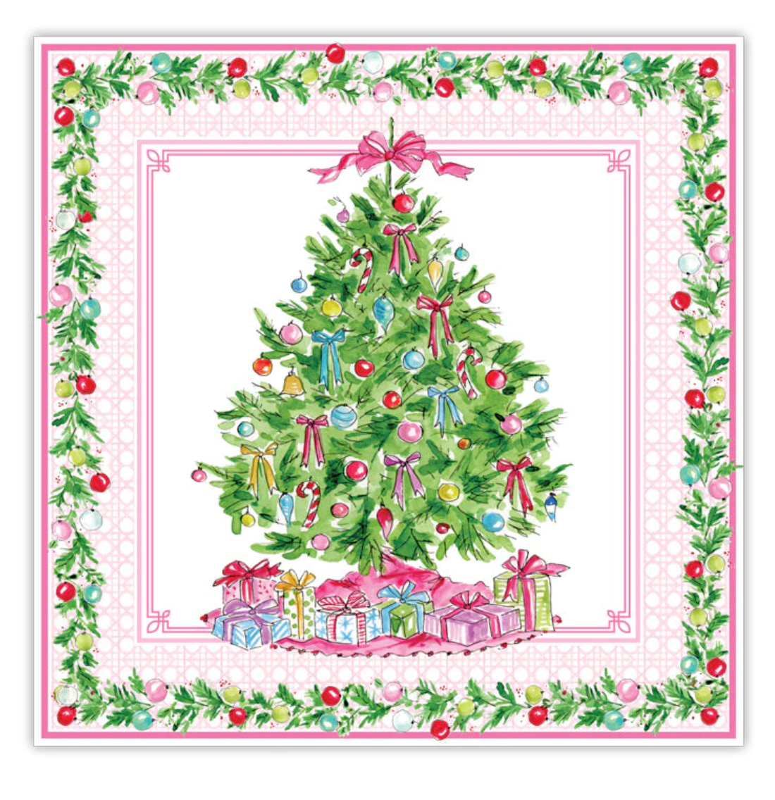 Christmas Tree with Colorful Ornaments and Gifts Pink Square Placemats