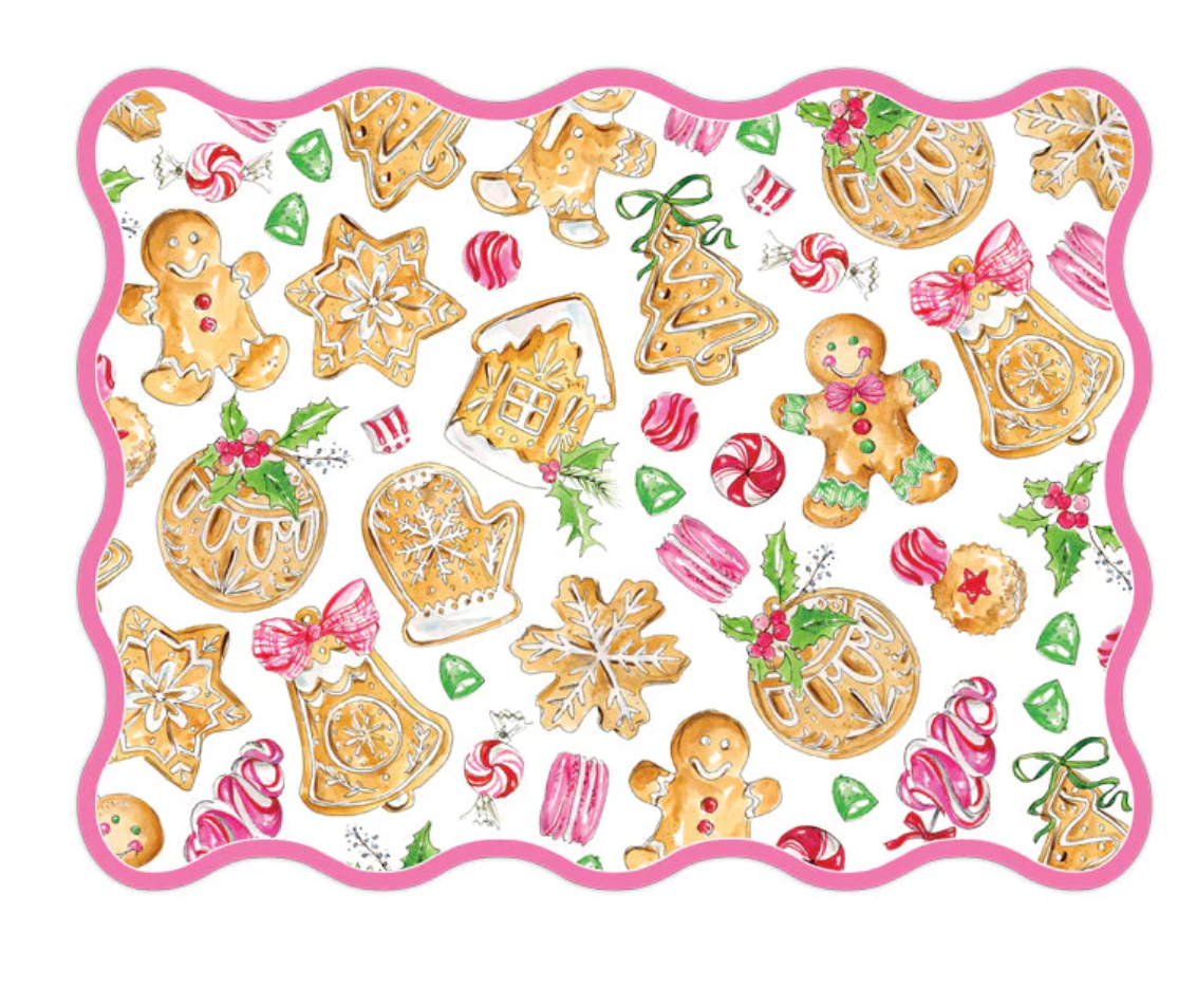 Gingerbread Cookies and Treats Pattern Pink Wavy Edge Posh Die-Cut Placemats