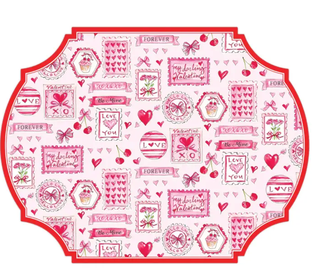 Valentines Stamps Hearts and Cherries Diecut Placemats