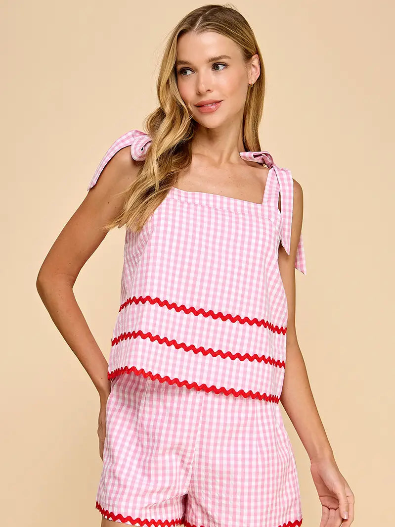 Gingham Contrast Ricrac Detail Top