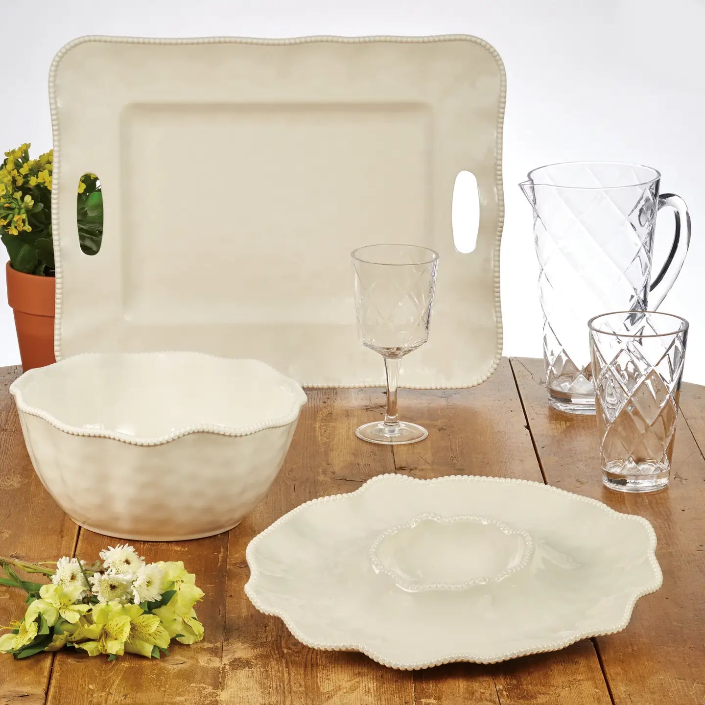 Perlette Cream Rectangular Tray w/ Handles