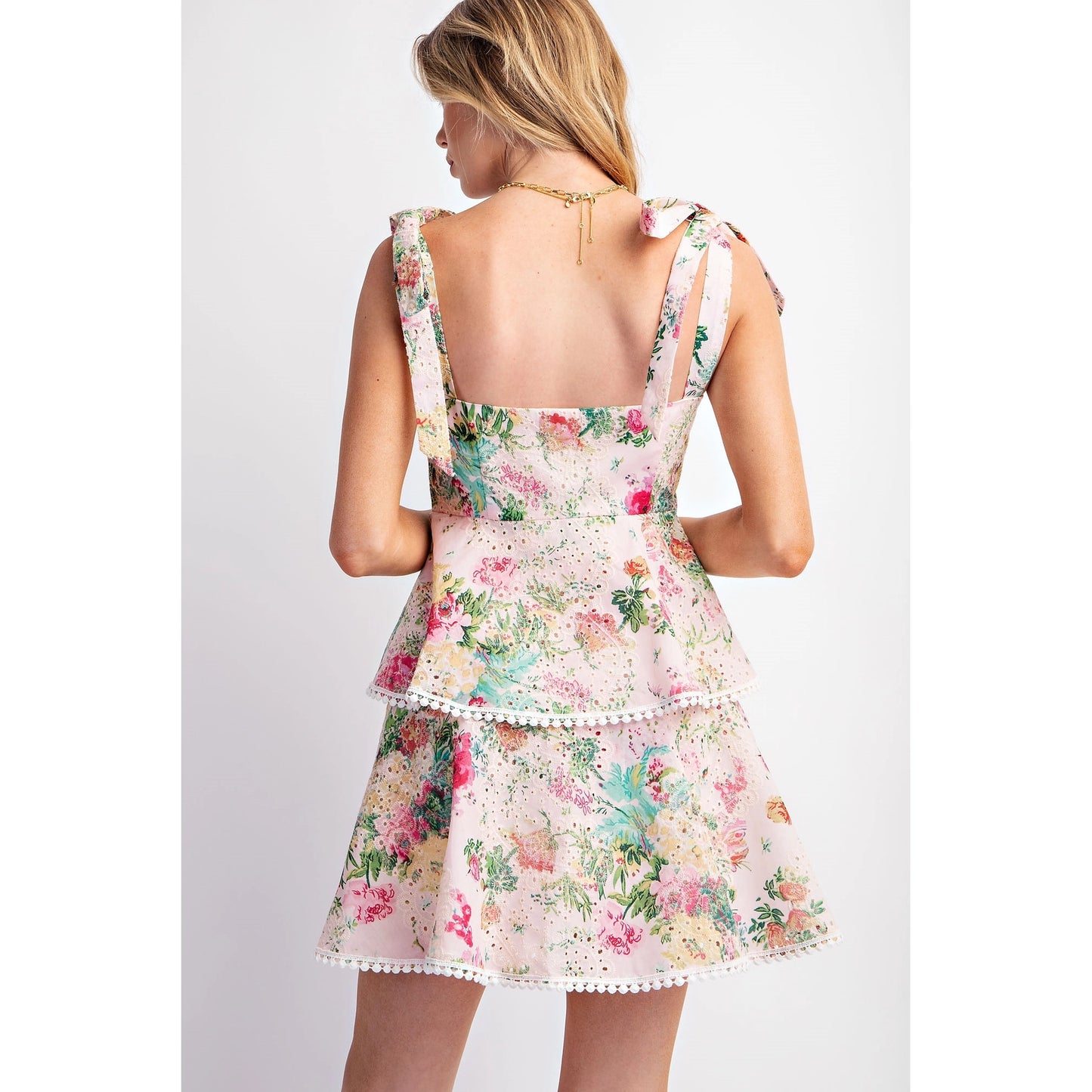 Lovely Print Eyelet Tiered Mini Dress
