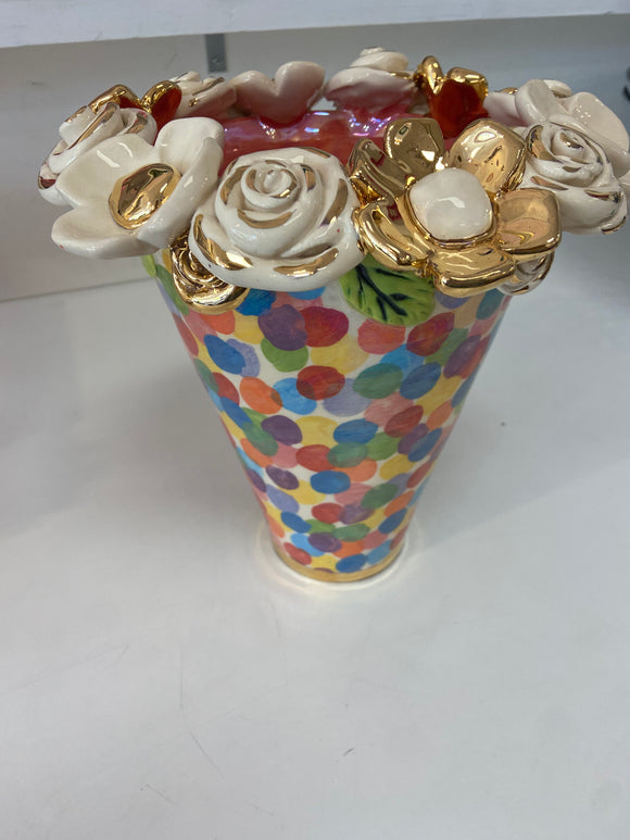 Hand Painted Large Flared Rose Encrusted Vase