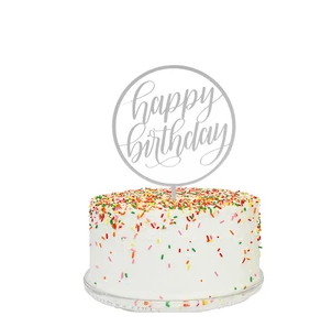 Circle Happy Birthday Cake Topper - Silver Mirror