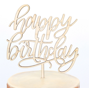 Happy Birthday Script Maple Wood Cake Topper